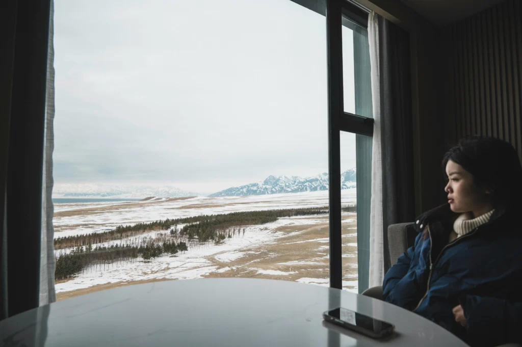 Seseorang duduk di dekat jendela memandang pemandangan musim dingin bersalju, menggambarkan suasana reflektif dan penyesalan dalam makna lagu Back to December.