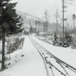 Suasana musim dingin dengan rel kereta bersalju yang melambangkan makna lagu Back to December tentang penyesalan dan waktu.
